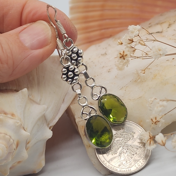 Natural Peridot Stones Silver 925 Earrings - Picture 2 of 12